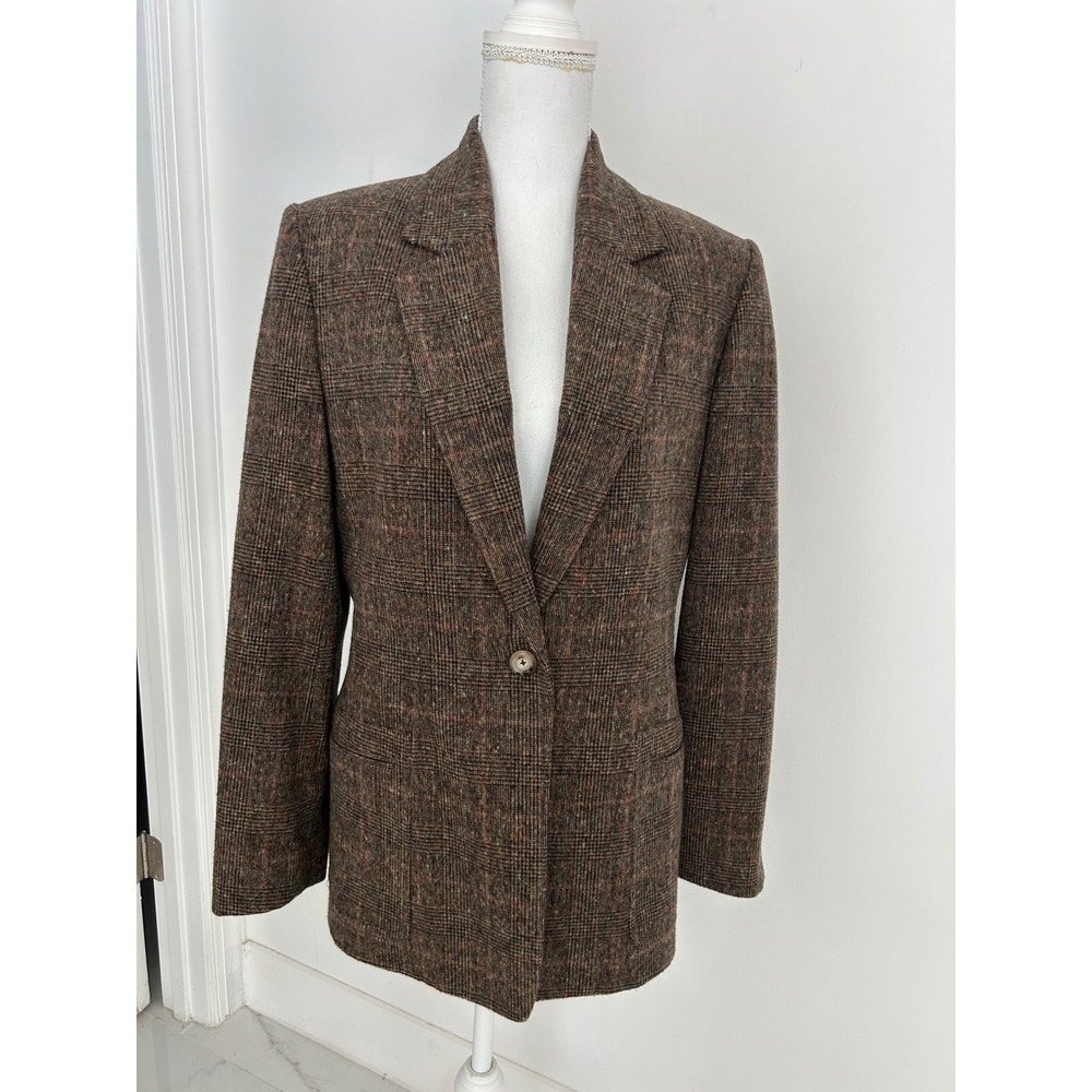 Company Ellen Tracy Brown Plaid 100% Wool Blazer Jacket Womens 10 Vintage Style